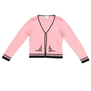 Karen Lessly Women's PS Pink Cardigan Sweater Floral Knit Hook Eye Rayon Nylon